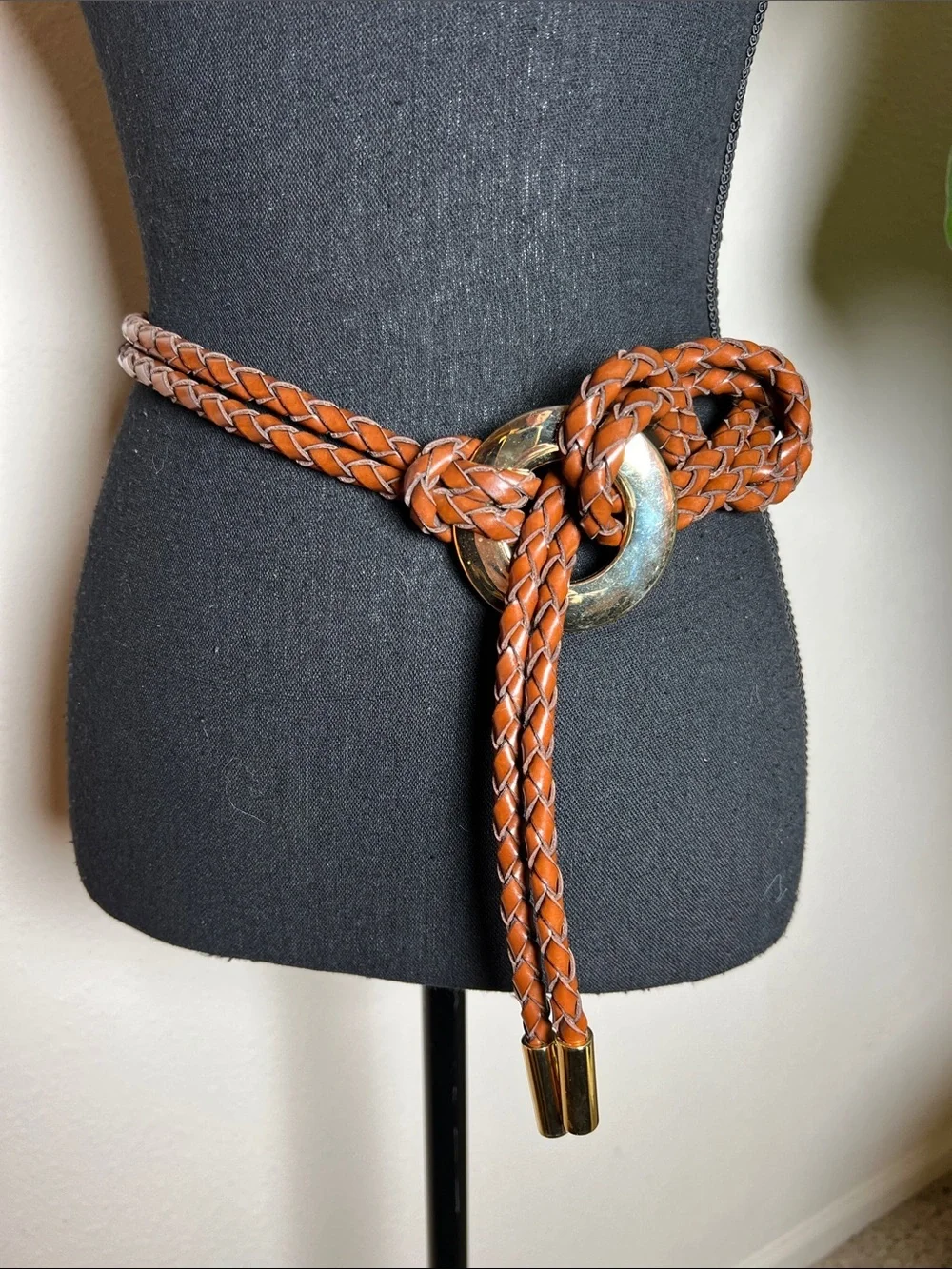 ESCADA Women’s Vintage Adjustable Braided Leather Goldtone O-Ring Belt